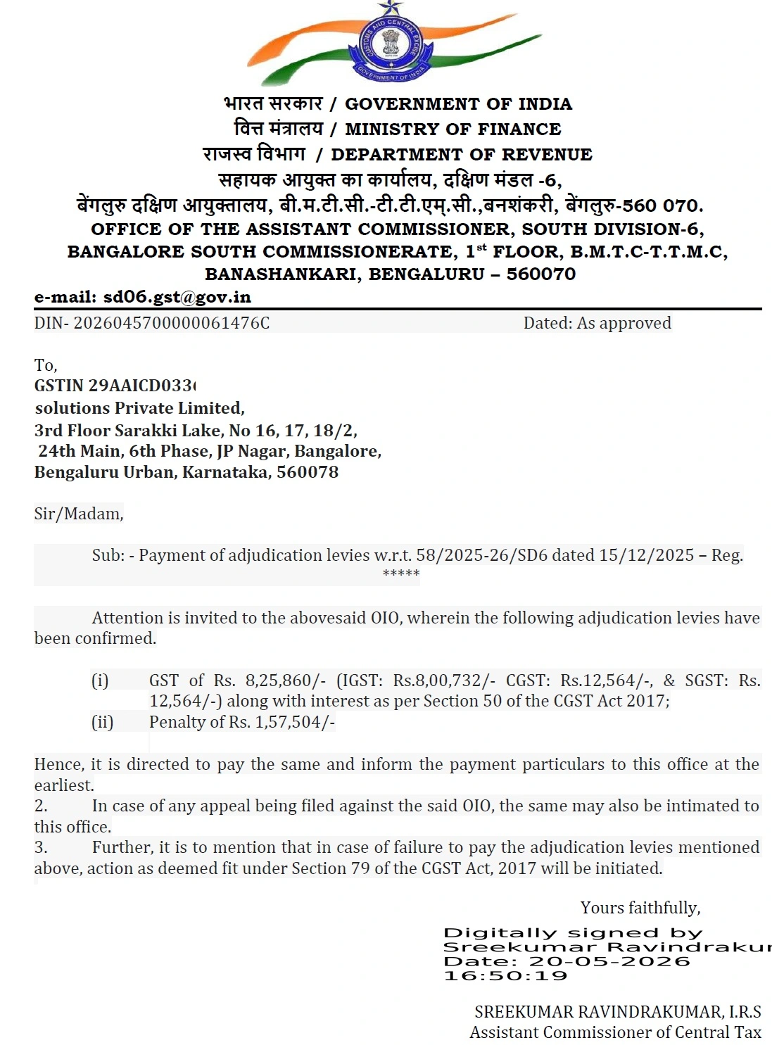 GST Notice Consultant Bangalore Sample GST Demand Notice
