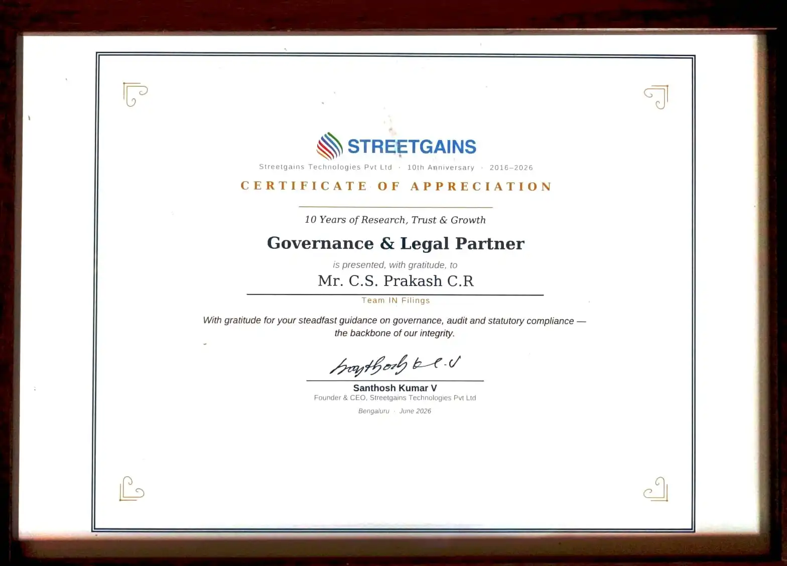 Corporate Governance Advisory Services Award - Team IN Filings